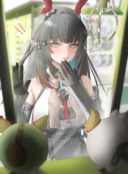 ! !! 1girl against_glass arknights arknights:_endfield bare_shoulders black_gloves black_hair blush breasts closed_mouth colored_inner_hair commentary crane_game dragon_bean_(arknights) english_commentary flying_sweatdrops gloves green_eyes green_hair hair_intakes hair_ornament hand_on_glass hand_up highres horns large_breasts long_hair multicolored_hair pointy_ears red_horns sidelocks solo streaked_hair vitaminechan zhuang_fangyi_(arknights)