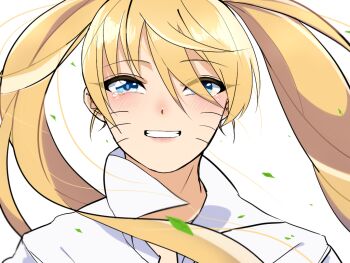 1girl blonde_hair blue_eyes blush facial_mark genderswap genderswap_(mtf) inuyan long_hair looking_at_viewer naruko_(naruto) naruto_(classic) naruto_(series) simple_background smile solo tearing_up twintails whisker_markings white_background