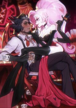 1boy angel_dust azeen black_gloves breasts crossdressing drag_queen dress elbow_gloves gloves hazbin_hotel hellaverse highres humanization husk_(hazbin_hotel) large_breasts long_hair pink_hair red_dress side_slit smile thighs