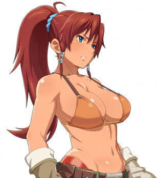 1girl bellows_(suisei_no_gargantia) belt bikini bikini_top_only blue_eyes breasts brown_belt brown_hair clenched_teeth commentary_request gloves hair_ornament hair_scrunchie large_breasts large_variant_set long_hair navel orange_bikini ponytail scrunchie sidelocks simple_background solo strap_gap suisei_no_gargantia swimsuit teeth tenchisouha upper_body variant_set white_background