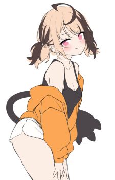 1girl bare_shoulders black_camisole blush breasts brown_hair camisole cleavage closed_mouth collarbone commentary gigi_murin highres hitsukuya hololive hololive_english jacket long_sleeves looking_at_viewer looking_to_the_side medium_breasts multicolored_hair off_shoulder open_clothes open_jacket orange_jacket pink_eyes puffy_long_sleeves puffy_sleeves short_shorts shorts simple_background sleeves_past_wrists smile solo twintails two-tone_hair virtual_youtuber white_background white_shorts