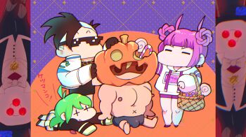 +_+ 1other 2boys 2girls =_= basket black_hair black_shirt bow bowtie braid braided_hair_rings candy candy_cane character_request chatgpt chatgpt-tan chibi closed_eyes commentary_request deal_with_it_(meme) food full_body green_hair hair_horns hair_rings halloween hat highres holding holding_basket hood hood_down hoodie jack-o'-lantern jacket logo_hair_ornament lollipop long_hair long_sleeves lying meme multiple_boys multiple_girls no_mouth on_stomach open_mouth personification pillarboxed purple_hair purple_shorts screen sheriff_badge shirt short_hair shorts sitting skemaid smile standing sunglasses tone_sphere top_hat topless_male translation_request trin_(tone_sphere) white_hoodie white_jacket x_navel