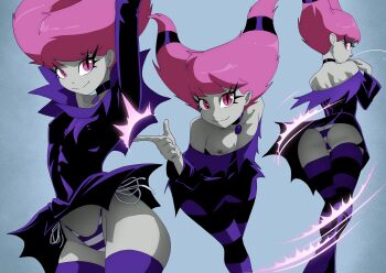 Rule 34 | absurdres, ass, boots, breasts, choker, colored skin, covered erect nipples, dc comics, dress, from behind, grey skin, highres, inker comics, jinx (dc), looking at viewer, nipples, panties, pink eyes, pink hair, purple dress, simple background, small breasts, smile, striped clothes, striped panties, striped thighhighs, teen titans, thick thighs, thighhighs, thighs, underwear