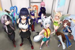 6+girls ;d animal_ears ass black_dress black_gloves black_hair black_leotard black_lips black_skirt black_thighhighs blonde_hair blue_bodysuit blue_dress blue_eyes blue_hair blue_shorts bodysuit boots bracelet braid breasts brown_eyes brown_hair brown_pantyhose bun_cover cahryos capcom china_dress chinese_clothes chun-li cleavage clenched_hand cloak closed_mouth colored_inner_hair commentary commission cosplay crop_top dc_comics denim denim_shorts dog_girl dog_tail double_bun dress fairy_wings final_fantasy final_fantasy_vii fox_ears fox_girl fox_tail gloves green_dress green_eyes grey_hair gun hair_bun hand_on_own_face hand_up highleg highleg_leotard highres holding holding_gun holding_poke_ball holding_weapon hololive hololive_english hoshimachi_suisei hotel_transylvania indoors inugami_korone jewelry large_breasts leotard long_hair looking_at_viewer low_twin_braids mavis_dracula mavis_dracula_(cosplay) medium_breasts metroid misty_(pokemon) misty_(pokemon)_(cosplay) momosuzu_nene mori_calliope multicolored_hair multiple_girls navel nintendo one_eye_closed one_side_up open_mouth orange_hair ouro_kronii pantyhose pink_eyes pink_hair poke_ball pokemon pokemon_(anime) pokemon_(classic_anime) ponytail purple_boots purple_cloak purple_skirt raven_(dc)_(cosplay) red_boots red_shoes samus_aran samus_aran_(cosplay) shiori_novella shirakami_fubuki shoes short_dress shorts skirt smile sneakers spiked_bracelet spikes split-color_hair standing standing_on_one_leg starfire starfire_(cosplay) street_fighter striped_clothes striped_pantyhose suspender_shorts suspender_skirt suspenders tail takanashi_kiara tank_top thighhighs tifa_lockhart tifa_lockhart_(cosplay) tinker_bell_(disney) tinker_bell_(disney)_(cosplay) twin_braids two-tone_hair v vambraces virtual_youtuber walt_disney&#039;s_peter_pan weapon white_tank_top wings yellow_eyes yellow_tank_top zero_suit