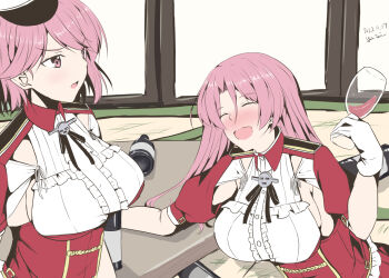 2girls alcohol artist_name black_ribbon blush breasts center_frills closed_eyes commentary_request cup dated drinking_glass drunk frills giuseppe_garibaldi_(kancolle) hair_between_eyes hat holding holding_cup jacket kantai_collection large_breasts long_hair long_sleeves luigi_di_savoia_duca_degli_abruzzi_(kancolle) multiple_girls open_mouth pink_hair red_jacket ribbon short_hair taira_yuuki upper_body wine wine_glass