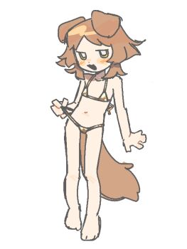 1girl animal_ears bikini blush brown_hair dog_ears dog_girl dog_tail dot_nose full_body gold_bikini haru_(umiko_zzz) loli no_eyebrows original short_hair solo swimsuit tail umiko_zzz white_background yellow_eyes