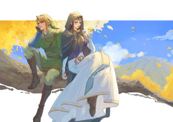 1boy 1girl absurdres blonde_hair boots border breasts brown_boots brown_hair cloak commentary couple crown dress elbow_gloves fingerless_gloves food fruit full_body ginkgo_leaf ginkgo_tree gloves green_hat green_tunic grey_cloak grey_pants grey_shirt hat head_on_hand hetero highres holding holding_food holding_fruit holding_hands hood hood_up hooded_cloak interlocked_fingers kurokawa_karasu leaf light_blush link long_dress medium_breasts nintendo outdoors pants parted_bangs phrygian_cap princess_zelda shirt short_hair sidelocks swept_bangs the_legend_of_zelda the_legend_of_zelda:_twilight_princess tunic untranslatable_commentary white_border white_dress white_gloves