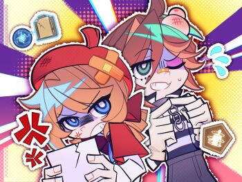 Rule 34 | 2boys, androgynous, anger vein, beret, big head, blue eyes, bow, brown hair, bruise, bruised eye, capelet, chain, collar, crossed bandaids, dannase, drill hair, drill ponytail, edgar valden, fang, green eyes, hair bow, hat, highres, identity v, index fingers together, injury, looking ahead, looking at another, lower eyelashes only, luca balsa, male focus, metal collar, multiple boys, multiple head bumps, one eye closed, panty &amp; stocking with garterbelt, parody, red bow, red capelet, red hat, shaded face, shirt, skin fang, small sweatdrop, striped clothes, striped shirt, style parody, upper body