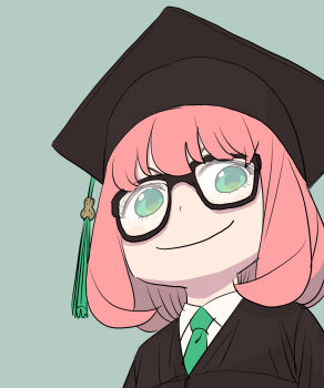 1girl anya_(spy_x_family) bespectacled commentary_request endou_tatsuya glasses green_eyes green_necktie hat hat_tassel highres medium_hair mortarboard necktie peanut pink_hair portrait solo spy_x_family