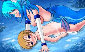 1boy 1girl age_difference animated animated_gif blonde_hair blue_eyes blue_hair blush bouncing_breasts breasts brown_hair closed_eyes closed_mouth cum cum_on_body cum_on_floor cum_on_lower_body ejaculation femdom fins girl_on_top hair_ornament haru_(tsunagaru_dream) headband hetero hull_(tsunagaru_dream) looping_animation lying mermaid monster_girl navel nipples no_bra nude oar on_back onee-shota sex shell shell_hair_ornament shota tsunagaru_dream