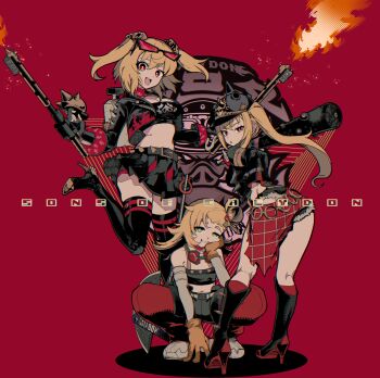 3girls absurdres bare_shoulders baseball_bat black_boots black_helmet black_jacket black_shirt black_shorts black_skirt black_thighhighs black_tube_top blonde_hair boots breasts burnice_white cleavage combat_helmet commentary_request crop_top detached_sleeves english_text eyewear_on_head fire flamethrower from_behind fur-trimmed_shorts fur_trim goggles goggles_around_neck green_eyes helmet highres holding holding_baseball_bat holding_flamethrower holding_weapon jacket large_breasts leg_up long_hair looking_at_viewer looking_back luciana_de_montefio mask mask_around_neck metal_baseball_bat micro_shorts midriff multiple_girls navel open_mouth pants parted_lips pickelhaube piper_wheel propane_tank red-tinted_eyewear red_background red_eyes red_pants respirator ryuu_tou shirt shoes short_eyebrows short_twintails shorts side_ponytail skirt smile spiked_belt spiked_jacket spiked_shirt squatting standing standing_on_one_leg strapless sunglasses thick_eyebrows thighhighs tinted_eyewear tube_top twintails weapon white_shoes zenless_zone_zero