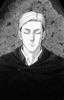 1boy cloak closed_eyes closed_mouth coffin collar commentary english_commentary erwin_smith flower frown greyscale highres male_focus monochrome multicolored_hair open_collar parted_hair rose shingeki_no_kyojin solo straight-on teggitekki thick_eyebrows two-tone_hair upper_body wing_collar