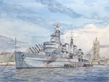 anchor atelier_bono blue_sky cloud commentary_request cruiser flag highres hms_belfast_(c35) london mast military_vehicle museum no_humans original painting_(medium) scenery ship ship_turret sky smokestack tower_bridge_(london) traditional_media union_jack united_kingdom vehicle_focus warship watercolor_(medium) watercraft