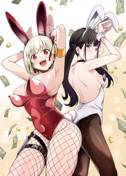2girls :d alternate_costume animal_ears areola_slip armpits arms_up ass-to-ass backless_leotard banknote black_hair black_pantyhose blonde_hair bob_cut breasts chicke_iii chinese_commentary closed_mouth coin fake_animal_ears fake_tail fishnet_pantyhose fishnets gun hair_ribbon highleg highleg_leotard highres holster holstered inoue_takina large_breasts leotard long_hair looking_at_viewer lycoris_recoil medium_breasts money multiple_girls nishikigi_chisato official_alternate_hairstyle open_mouth pantyhose pasties playboy_bunny purple_eyes rabbit_ears rabbit_pose rabbit_tail red_eyes red_leotard red_ribbon ribbon short_hair sideboob smile tail thigh_holster twintails weapon white_leotard white_wrist_cuffs wrist_cuffs