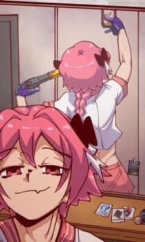 1boy 3dmax absurdres astolfo_(fate) astolfo_(sailor_paladin)_(fate) braid braided_ponytail closed_mouth commentary counter-strike_(series) counter-strike_2 crossdressing desert_eagle english_commentary fang fate/grand_order fate_(series) gashapon gloves gun gun_decal gun_to_head handgun highres holding holding_gun holding_phone holding_weapon hugo_(rushbordie) indoors long_hair looking_at_viewer mac-10/11 male_focus mirror mirror_selfie ninjas_in_pyjamas phone pink_hair pink_skirt purple_gloves red_eyes selfie shirt short_sleeves skin_fang skirt smile smug sticker submachine_gun titan_(esports) trap weapon white_shirt