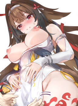 1girl 1other armlet blush breasts breasts_out brown_hair brown_tail china_dress chinese_clothes commentary_request dress droopy_ears from_below hair_intakes hairband highres jewelry large_breasts leg_tattoo looking_down metal_bracelet nipples open_mouth paid_reward_available pelvic_curtain red_eyes silver_armlet simple_background tattoo tomas_(kaosu22) white_background white_dress white_hairband ye_shunguang zenless_zone_zero