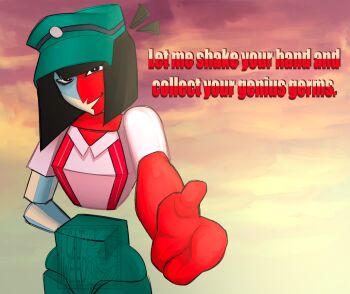 Rule 34 | 1girl, aquiline nose, black eyes, black hair, blunt bangs, blunt ends, bob cut, catsweeds, colored skin, ena: dream bbq, ena (dream bbq), ena (series), ena (species), floating head, green hat, hat, highres, looking at viewer, low poly, multicolored skin, nose, open mouth, red skin, salesperson ena, scene reference, shirt, short sleeves, smile, solo, source quote, split-color skin, two-tone skin, white skin