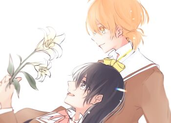 2girls black_eyes black_hair brown_shirt closed_mouth commentary flower flower_request hashtag-only_commentary highres holding holding_flower koito_yuu long_hair low_twintails multiple_girls nanami_touko neck_ribbon open_mouth orange_eyes orange_hair red_ribbon ribbon school_uniform shirt short_hair short_twintails simple_background tasuku2218 tohmi_higashi_high_school_uniform twintails white_background yagate_kimi_ni_naru yellow_ribbon yuri