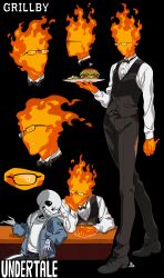 2boys absurdres arm_at_side black-framed_eyewear black_background black_footwear black_necktie black_pants black_shorts black_vest blue_jacket burger burning buttons cel_shading character_name collared_shirt commentary copyright_name counter drawstring elbow_rest fire food french_fries from_side full_body glasses grillby grin head_on_hand highres holding holding_plate hood hood_down hooded_jacket jacket kamezaemon long_sleeves male_focus multiple_boys multiple_views necktie no_mouth no_nose one_eye_closed open_clothes open_jacket pants plate sans_(undertale) shirt shoes shorts simple_background skeleton smile solo_focus standing undertale uniform utdr_(toby_fox) vest white_shirt zipper