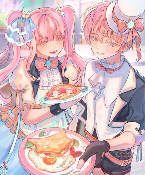 1boy 1girl ascot black_gloves blueberry bow brother_and_sister egg_(food) fingerless_gloves food fried_egg fruit gloves grin hat highres holding holding_plate li_tianchen li_tianxi long_hair looking_at_viewer mini_hat mini_top_hat open_mouth pawapopp pink_eyes pink_hair plate shiguang_dailiren shirt short_hair shorts siblings smile top_hat twintails white_ascot