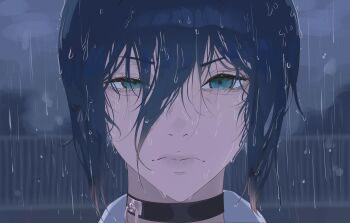 1girl absurdres black_choker blue_hair chainsaw_man choker close-up closed_mouth eye_twitch frown gloxuba green_eyes grenade_pin highres looking_at_viewer night outdoors rain reze's_eye_twitch_(chainsaw_man) reze_(chainsaw_man) solo wet wet_hair