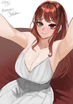1girl blush breasts brown_hair cleavage closed_mouth collarbone commission couch daiya_fortuna dress heart heart-shaped_pupils heterochromia highres large_breasts long_hair mismatched_pupils nekotokage on_couch outstretched_arms pixellink red_eyes second-party_source signature sitting smile solo symbol-shaped_pupils thank_you virtual_youtuber white_dress yellow_eyes
