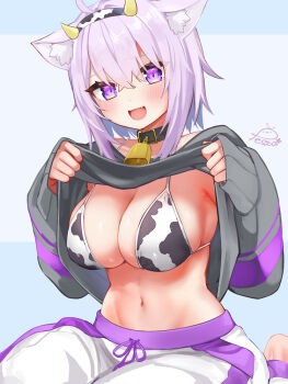 1girl ahoge animal_ears animal_print bell belt belt_collar bikini black_belt black_choker black_collar black_hoodie blue_background blush breasts cat_ears cat_girl choker cleavage clothes_lift collar cow_horns cow_print cow_print_bikini cowbell fang festa11307070 hairband hololive hood hoodie hoodie_lift horns large_breasts lifting_own_clothes long_sleeves looking_at_viewer medium_hair navel neck_bell nekomata_okayu nekomata_okayu_(1st_costume) open_mouth pants print_bikini purple_eyes purple_hair purple_pants signature sleeves_past_wrists smile solo stomach swimsuit two-tone_pants virtual_youtuber white_bikini white_hairband white_pants