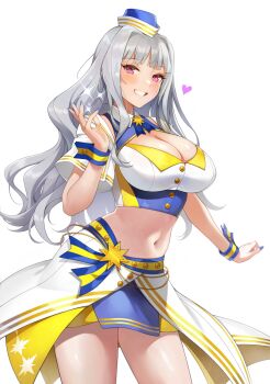 Rule 34 | 1girl, absurdres, breasts, cleavage, collared shirt, grey hair, hat, heart, highres, idolmaster, idolmaster (classic), idolmaster million live!, idolmaster million live! theater days, large breasts, machi (machi333), mini hat, miniskirt, multicolored clothes, nail polish, navel, purple eyes, shijou takane, shirt, skirt, smile, solo, sparkle, thighs, white background, wrist cuffs