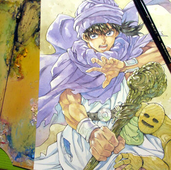 1boy agahari art_tools_in_frame belt belt_pouch black_belt black_hair bracer cape commentary_request creature dragon_quest dragon_quest_v hat hero_(dq5) holding holding_staff looking_at_viewer male_focus medium_hair mud_mannequin muscular muscular_male open_mouth painting_(medium) photo_(medium) pouch purple_cape purple_eyes purple_hat staff standing traditional_media tunic turban white_tunic