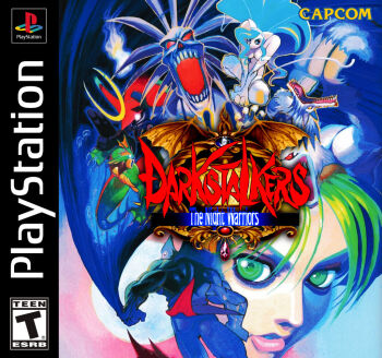 anakaris bengus bishamon_(darkstalkers) cape darkstalkers demitri_maximoff demon_girl felicia_(darkstalkers) game_console green_hair jon_talbain lord_raptor morrigan_aensland playstation rikuo_(darkstalkers) sasquatch_(darkstalkers) squatting vampire werewolf