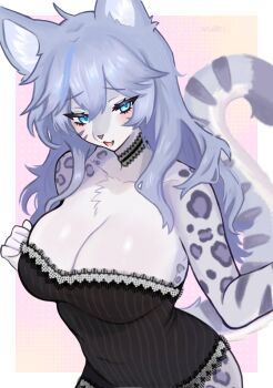 1girl animal_ears animal_nose artist_name bare_shoulders blue_eyes blue_hair blush breasts chest_tuft choker cleavage commentary fang furry furry_female grey_fur large_breasts long_hair looking_at_viewer open_mouth original simple_background smile snow_leopard_ears snow_leopard_girl snow_leopard_tail solo tail valleedolla