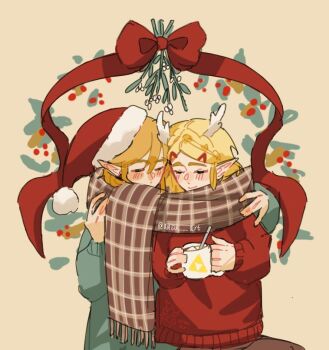 1boy 1girl arisu_art arm_around_shoulder blush closed_mouth commentary couple cup dragon_horns english_commentary green_sweater hair_between_eyes hair_ornament hairclip hat hetero holding holding_cup horns light_smile link mistletoe nintendo parted_bangs plaid_clothes plaid_scarf pointy_ears princess_zelda red_sweater santa_hat scarf shared_clothes shared_scarf short_hair sidelocks sweater the_legend_of_zelda the_legend_of_zelda:_breath_of_the_wild the_legend_of_zelda:_tears_of_the_kingdom twitter_username upper_body