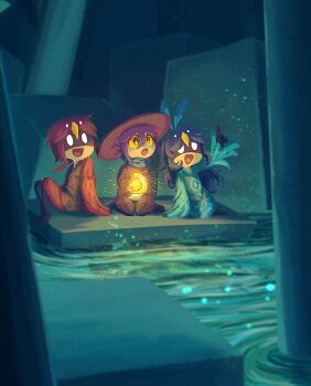 Rule 34 | 1boy, 1girl, 1other, 8osakana san8, :o, alula (oneshot), ambiguous gender, animal ears, beak, bird boy, bird girl, black gloves, blue scarf, brown eyes, calamus (oneshot), colored sclera, commentary request, double-parted bangs, fake animal ears, feather hair ornament, feathers, gloves, grin, hair ornament, hat, highres, holding, light bulb, light particles, mask, niko (oneshot), oneshot (game), orange sclera, oversized sweater, pointing, purple hair, red hair, ripples, scarf, short hair, sidelocks, sitting, smile, swirl, wariza, water