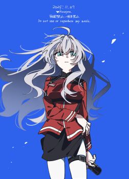 1girl aqua_eyes belt black_belt black_skirt breasts character_request closed_mouth copyright_request cowboy_shot dated english_text fingernails hair_intakes holding jacket kanya_(asa_yake01) long_hair long_sleeves medium_breasts red_jacket skirt solo standing thigh_belt thigh_strap wind