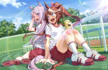 2girls animal_ears aqua_bow blue_eyes blue_sky blush bow breasts brown_hair cloud commentary_request cup disposable_cup ear_bow ear_ribbon fence grass gym_shirt hair_between_eyes high_ponytail holding holding_cup horse_ears horse_girl horse_tail long_hair long_sleeves mejiro_mcqueen_(umamusume) multicolored_hair multiple_girls open_mouth outdoors pairan pants ponytail purple_eyes purple_hair red_shorts shirt shoes shorts sitting sky smile socks streaked_hair tail teeth tokai_teio_(umamusume) tracen_training_uniform tree two-tone_hair umamusume upper_teeth_only white_hair white_socks