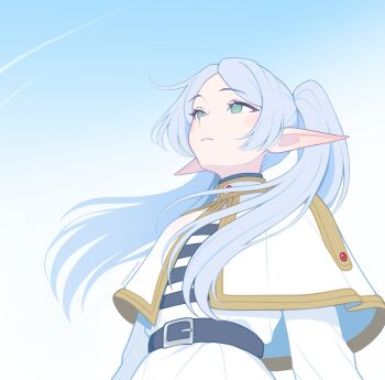 1girl belt black_belt black_shirt blush_stickers capelet earrings elf frieren green_eyes grey_hair highres jewelry long_hair long_pointy_ears looking_up meme parted_bangs pointy_ears shirt simple_background skirt solo sousou_no_frieren striped_clothes striped_shirt teardrop_earrings twintails upper_body upward_angle_frieren_drawing_(meme) vivianvalenart white_capelet white_skirt