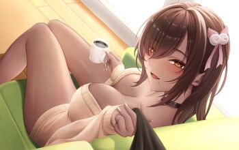 1girl black_choker breasts brown_hair brown_sweater_vest choker coffee_mug commentary_request couch cup dark-skinned_female dark_skin from_above goddess_of_victory:_nikke hair_ornament highres holding holding_cup indoors large_breasts long_hair looking_at_viewer mug naga_(nikke) on_couch pov sitting smile solo sweater_vest thighs tsukkyi07 wooden_floor yellow_eyes