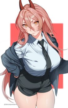 Rule 34 | 1girl, absurdres, black jacket, black necktie, black skirt, blush, breasts, brown hair, chainsaw man, closed mouth, collared shirt, curvy, demon horns, grey shirt, hair between eyes, harutoyumaarts, highres, horns, jacket, large breasts, long hair, long sleeves, looking at viewer, necktie, plump, power (chainsaw man), red background, shirt, sidelocks, simple background, skirt, solo, standing, twitter username, white background