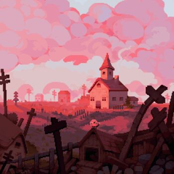 abandoned analogous_colors bird building cloud cloudy_sky cool_colored cross fence graveyard highres no_humans outdoors pink_theme pixel_art pixeldoshi red_sky rubble rural scenery sky skyline town tree window wooden_fence