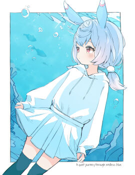 1girl black_thighhighs blue_hair blush border closed_mouth commentary cowboy_shot drawstring genshin_impact hair_ornament highres hood hood_down hoodie long_hair long_sleeves looking_to_the_side outside_border pleated_skirt pom_pom_(clothes) pom_pom_hair_ornament red_eyes sasanekomaru sigewinne_(genshin_impact) skirt solo thighhighs white_border white_hoodie white_skirt zettai_ryouiki