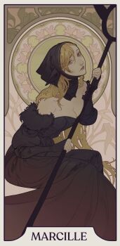 1girl absurdres art_nouveau bare_shoulders black_dress black_hood blonde_hair breasts character_name cleavage covered_ears deoviseisalive detached_hood dress dungeon_meshi feather_trim furrowed_brow hair_between_eyes highres holding holding_staff long_dress long_hair marcille_donato marcille_donato_(lord) medium_breasts off-shoulder_dress off_shoulder pointy_ears sleeves_past_wrists solo staff