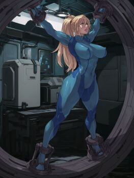 1girl abs angry arms_up bdsm biceps blonde_hair blue_eyes bodysuit bondage bound bound_ankles bound_wrists breasts cameltoe ceiling_light collarbone covered_erect_nipples curvy hair_between_eyes hair_tie high_ponytail highres impossible_clothes indoors large_breasts latex_suit long_hair machinery messy_hair metroid muscular muscular_female nintendo ponytail restrained samus_aran science_fiction screen sex_machine solo source_request spandex stationary_restraints thick_thighs thighs variant_set xxoom zero_suit