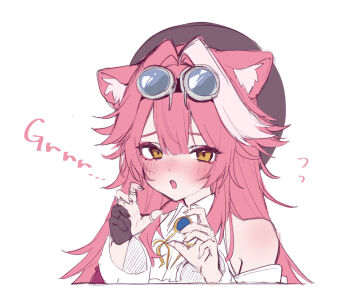 animal_ears ascot black_gloves blush cat_ears cat_girl claw_pose commentary_request fang fingerless_gloves gloves goggles goggles_on_head highres hololive hololive_english looking_at_viewer multicolored_hair pink_hair raora_panthera raora_panthera_(1st_costume) saka_x_x streaked_hair virtual_youtuber white_ascot white_background white_streaks yellow_eyes