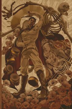 1boy absurdres artist_name beard black_hair bone boots brown_theme cape facial_hair family fina_(golden_kamuy) flower golden_kamuy gun hat highres holding holding_gun holding_weapon kepi long_sleeves madu_(honeybreqd) military_hat mustache olga_(golden_kamuy) pants skull sparkle tsurumi_tokushirou unworn_hat unworn_headwear weapon