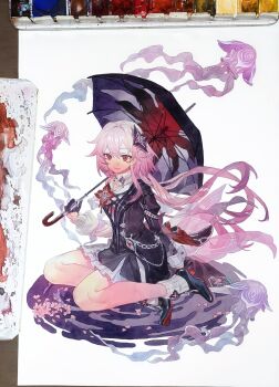 1girl asymmetrical_sleeves chain commentary dress evernight_(honkai:_star_rail) evey_(honkai:_star_rail) flower gloves hair_flower hair_ornament hairclip highres holding holding_umbrella honkai:_star_rail honkai_(series) jellyfish layered_dress long_hair looking_at_viewer march_7th_(honkai:_star_rail) mismatched_sleeves painting_(medium) petals pink_hair quan_1919 red_eyes shoes sitting symbol-only_commentary traditional_media umbrella very_long_hair water