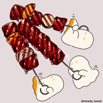 Rule 34 | artist name, commentary request, floating, food, food focus, ghost, grey background, hanada tanuki, holding, holding food, holding skewer, meat, meat day, no humans, onion, original, sheet ghost, shish kebab, simple background, skewer