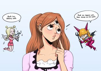 3girls angel breasts charlotte_pudding chibi conis_(one_piece) devil female_focus lips long_hair multiple_girls one_piece resident_drawfriend sadi-chan size_difference smile speech_bubble thinking thought_bubble twintails wings