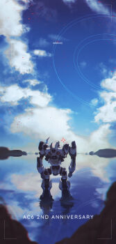 621_(armored_core_vi) absurdres armor armored_core armored_core_vi:_fires_of_rubicon blue_sky cos-latte day fromsoftware highres in-universe_location joints loader_4 machinery mecha mecha_focus mechanical_arms mechanical_hands mechanical_legs one-eyed outdoors reflection reflective_liquid robot science_fiction sky soaking_feet wading water