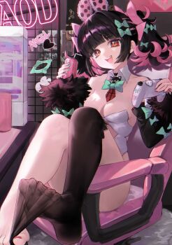 1girl absurdres alternate_costume animal_ear_hairband animal_ears bare_shoulders black_hair black_sleeves black_thighhighs bow breasts can chair cleavage collarbone colored_inner_hair controller detached_collar drink drinking_straw energy_drink fake_animal_ears feet fingernails fur-trimmed_sleeves fur_trim game_controller green_bow hair_bow hairband highres holding holding_can holding_controller holding_game_controller indoors knees_up leotard looking_at_viewer malsuk medium_breasts monster_energy multicolored_hair on_chair open_mouth pink_hair rabbit_ear_hairband rabbit_ears red_eyes rokudu_sariel short_twintails single_bare_foot single_thighhigh sitting solo strapless strapless_leotard thighhighs thighhighs_pull toes too_many_bows twintails white_leotard zenless_zone_zero