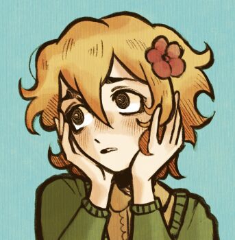 1boy alternate_costume alternate_eye_color basil_(faraway)_(omori) basil_(omori) black_eyes blonde_hair blue_background blush bright_pupils brown_shirt cardigan collared_shirt commentary double-parted_bangs flower green_cardigan hair_between_eyes hair_flower hair_ornament hands_on_own_cheeks hands_on_own_face highres long_sleeves male_focus omori ottie_pops parted_lips shirt short_hair sidelocks simple_background solo symbol-only_commentary upper_body white_pupils